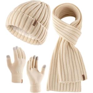 image:imageFURTALK Winter Warm Beanie Knit Hat Touchscreen Gloves Scarf Set Soft Fleece Lined Double Layer Skull Cap Gifts for WomenBeige