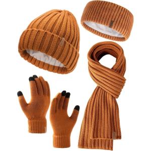 image:imageFURTALK Winter Warm Beanie Knit Hat Touchscreen Gloves Scarf Set Soft Fleece Lined Double Layer Skull Cap Gifts for WomenBrown