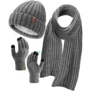 image:imageFURTALK Winter Warm Beanie Knit Hat Touchscreen Gloves Scarf Set Soft Fleece Lined Double Layer Skull Cap Gifts for WomenDark Grey