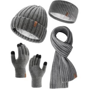 image:imageFURTALK Winter Warm Beanie Knit Hat Touchscreen Gloves Scarf Set Soft Fleece Lined Double Layer Skull Cap Gifts for WomenGray