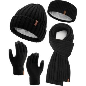 image:imageFURTALK Winter Warm Beanie Knit Hat Touchscreen Gloves Scarf Set Soft Fleece Lined Double Layer Skull Cap Gifts for WomenPure Black