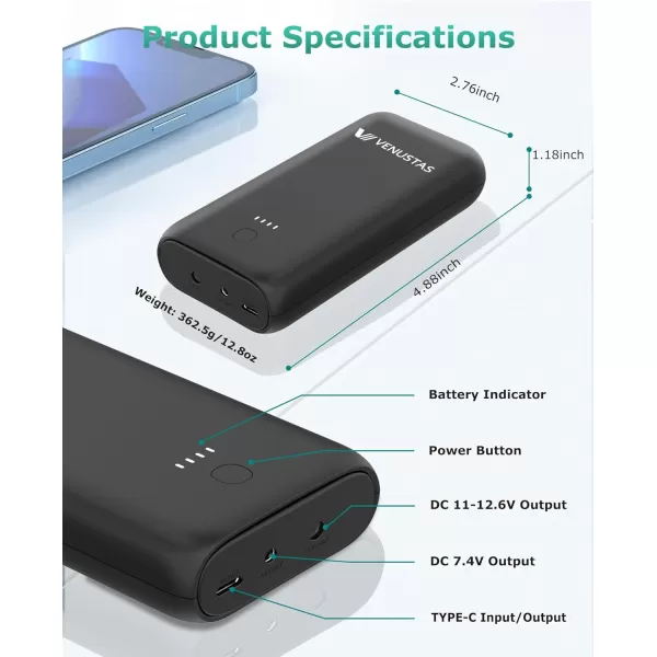 Venustas 7.4V Battery Pack Rechargeable Battery 5000mAh Portable Charger for Heated Jackets, Heated Hoodies and Heated Vests