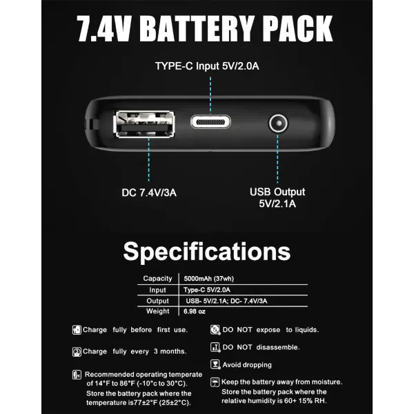 Venustas 7.4V Battery Pack Rechargeable Battery 5000mAh Portable Charger for Heated Jackets, Heated Hoodies and Heated Vests