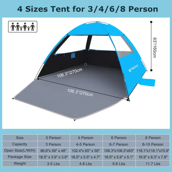Venustas Beach Tent Sun Shelter for 3/4-5/6-7/8-10 Person, UPF 50+ UV Protection Beach Canopy, Lightweight and Easy Setup Cabana, Portable Beach Shade Tent