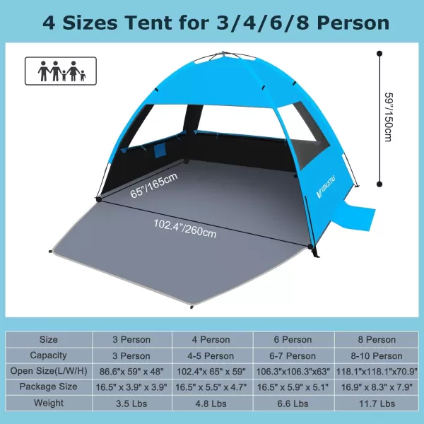 Venustas Beach Tent Sun Shelter for 3/4-5/6-7/8-10 Person, UPF 50+ UV Protection Beach Canopy, Lightweight and Easy Setup Cabana, Portable Beach Shade Tent