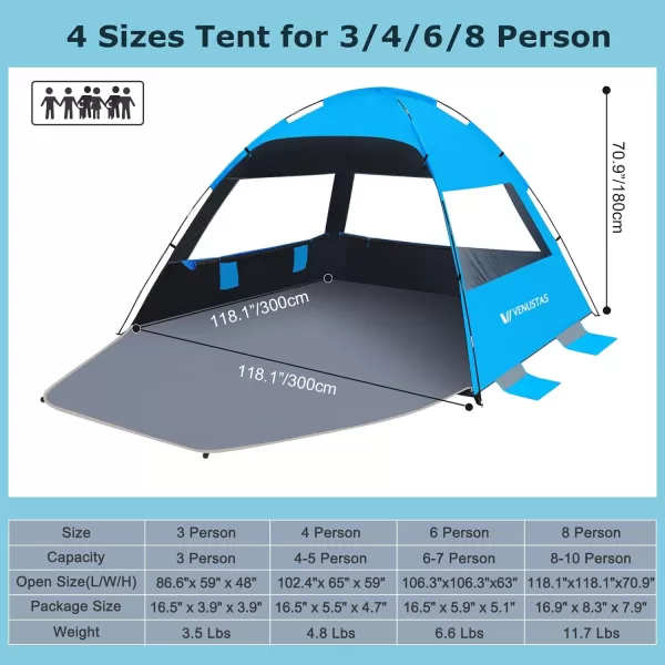 Venustas Beach Tent Sun Shelter for 3/4-5/6-7/8-10 Person, UPF 50+ UV Protection Beach Canopy, Lightweight and Easy Setup Cabana, Portable Beach Shade Tent