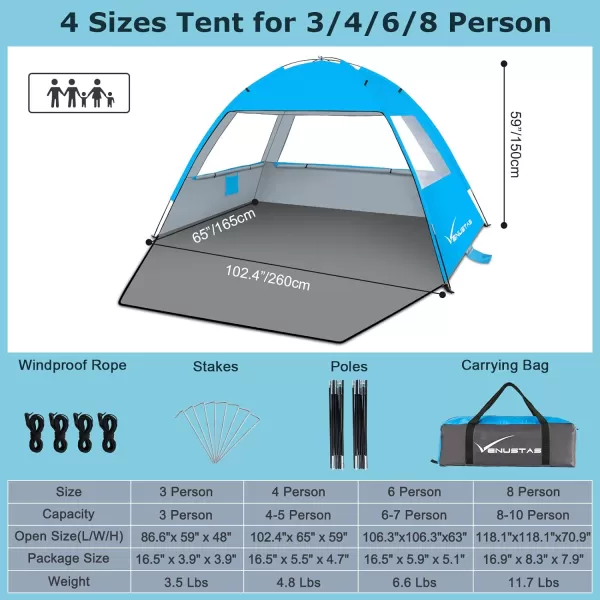 Venustas Beach Tent Sun Shelter for 3/4-5/6-7/8-10 Person, UPF 50+ UV Protection Beach Canopy, Lightweight and Easy Setup Cabana, Portable Beach Shade Tent