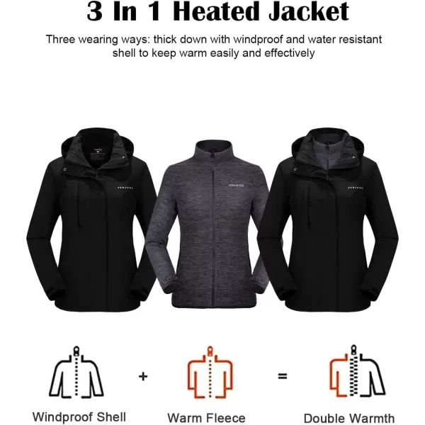 Venustas Heated Jacket for Women, 3 in 1 Winter Jacket with Battery Pack 7.4V, Water Resistant Ski Coat With Hood For Outdoor