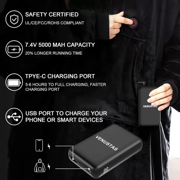 Venustas Heated Wearable Blanket Hoodie with Battery Pack 7.4V, Oversized Sherpa Blanket Hoodie Sweatshirt, Cozy Warm Soft