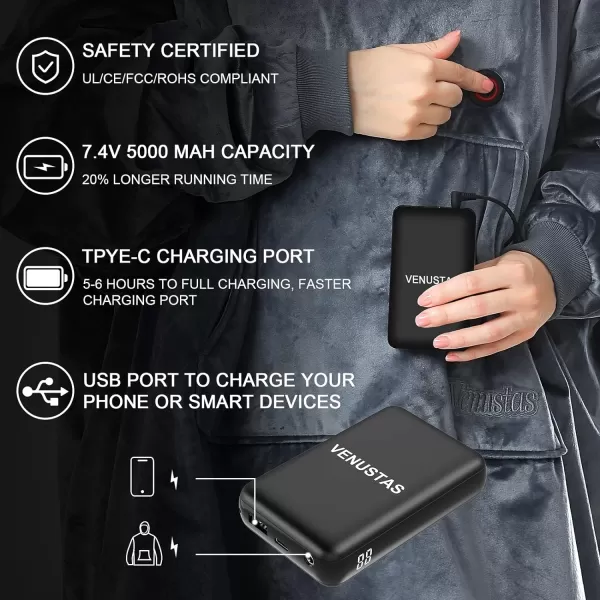 Venustas Heated Wearable Blanket Hoodie with Battery Pack 7.4V, Oversized Sherpa Blanket Hoodie Sweatshirt, Cozy Warm Soft