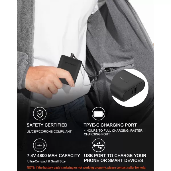 Venustas Mens Heated Jacket, Fleece with Battery Pack 7.4V, Premium Zippers