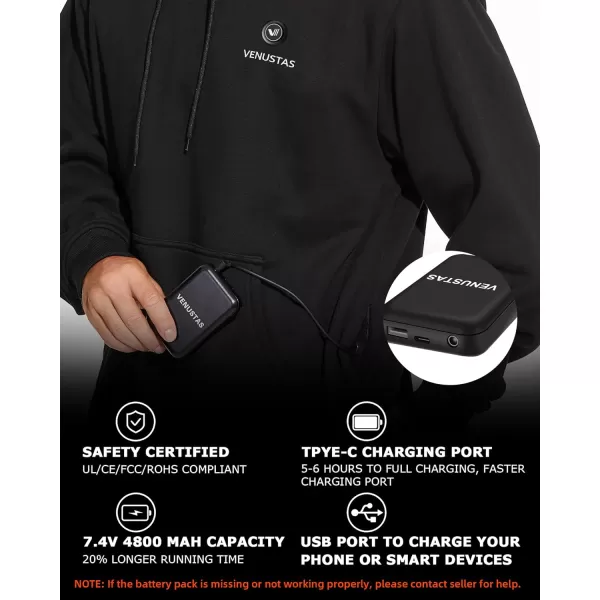 Venustas Pullover Heated Hoodie with battery pack 7.4V for Unisex with 5 heating zones, heated sweatshirt for men and women