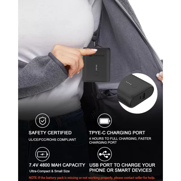 Venustas Women's Fleece Heated Jacket with Battery Pack 7.4V, 5 heating zones, Fleece Heated Coat with Premium Zippers