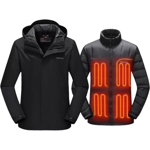 Venustas Men's 3-in-1 Heated Down Jacket, Electric Puffer Jacket with Battery, 90% Down Fill, Winter Snow Ski Heated Coat