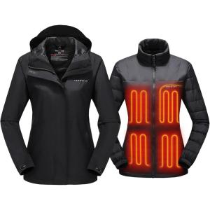 imageVenustas Womens 3in1 Heated Down Jacket Electric Puffer Jacket with Battery 90 Down Fill Winter Snow Ski Heated CoatBlack