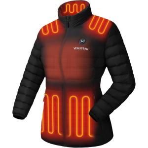 imageVenustas Womens Lightweight Heated Jacket with Battery 6Zone Electric Puffer Winter Coat for Outdoor Camping HikingBlack