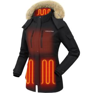 imageVenustas Womens Heated Parka Jacket with Battery Heated Coat with Detachable Faux Fur HoodBlack