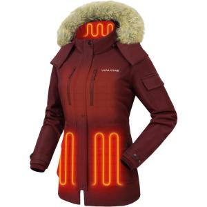imageVenustas Womens Heated Parka Jacket with Battery Heated Coat with Detachable Faux Fur HoodBurgundy