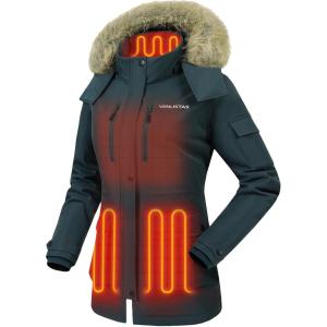 imageVenustas Womens Heated Parka Jacket with Battery Heated Coat with Detachable Faux Fur HoodForest Green