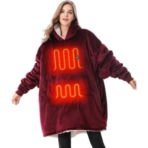 imageVenustas Heated Wearable Blanket Hoodie with Battery Pack 74V Oversized Sherpa Blanket Hoodie Sweatshirt Cozy Warm SoftRed Wine