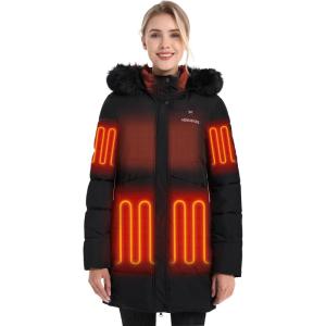 imageVenustas Womens Long Heated Jacket with Battery Insulated Heating Puffer Jacket Electric Heated Coat with Detachable HoodBlack