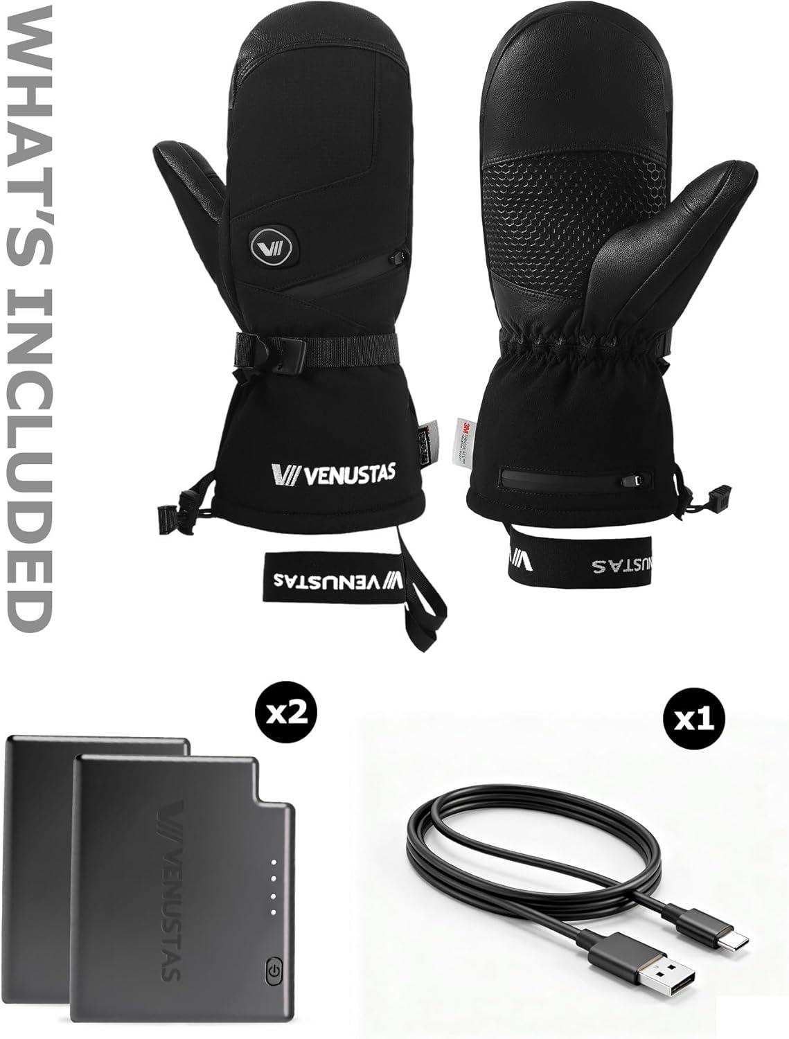 imageVenustas Heated Mittens for Men ampamp Women 14H Battery Gloves with Smart Temperature Control Waterproof Leather Ski GlovesBlack