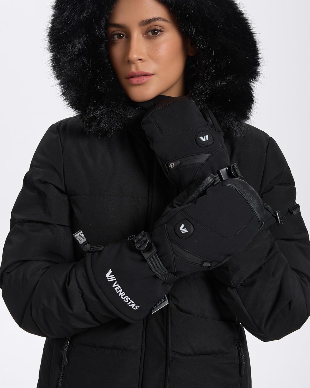 imageVenustas Heated Mittens for Men ampamp Women 14H Battery Gloves with Smart Temperature Control Waterproof Leather Ski GlovesBlack