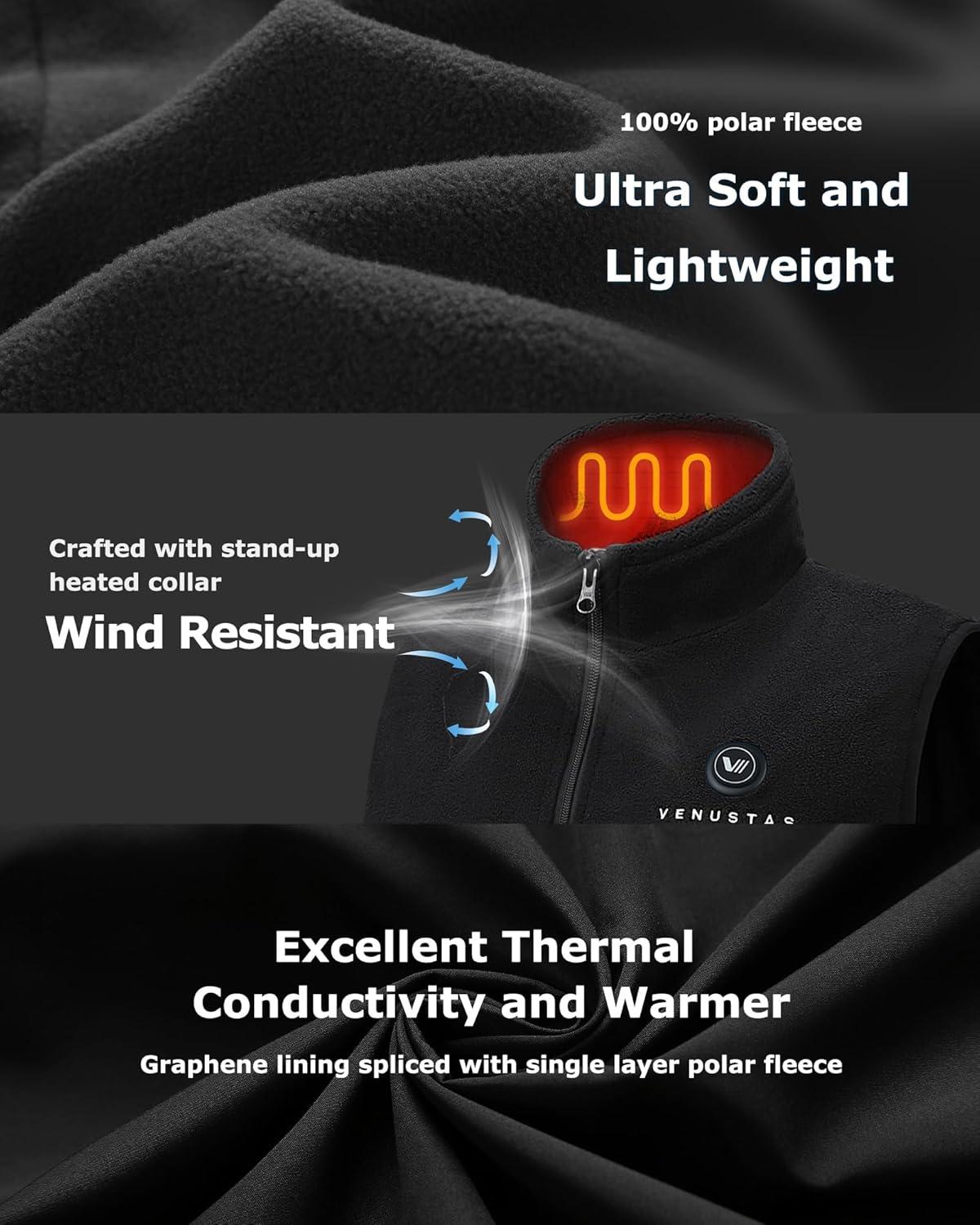 imageVenustas Womens Fleece Heated Vest with Battery Up to 20 Hours Runtime Insulated Electric CoatBlack