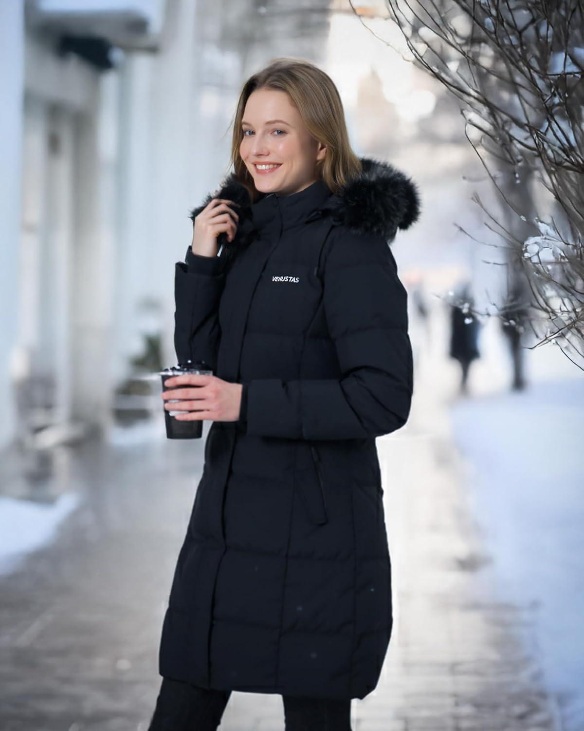 imageVenustas Womens Long Down Coat with Detachable Hood WaterRepellent Winter Puffer Parka JacketBlack
