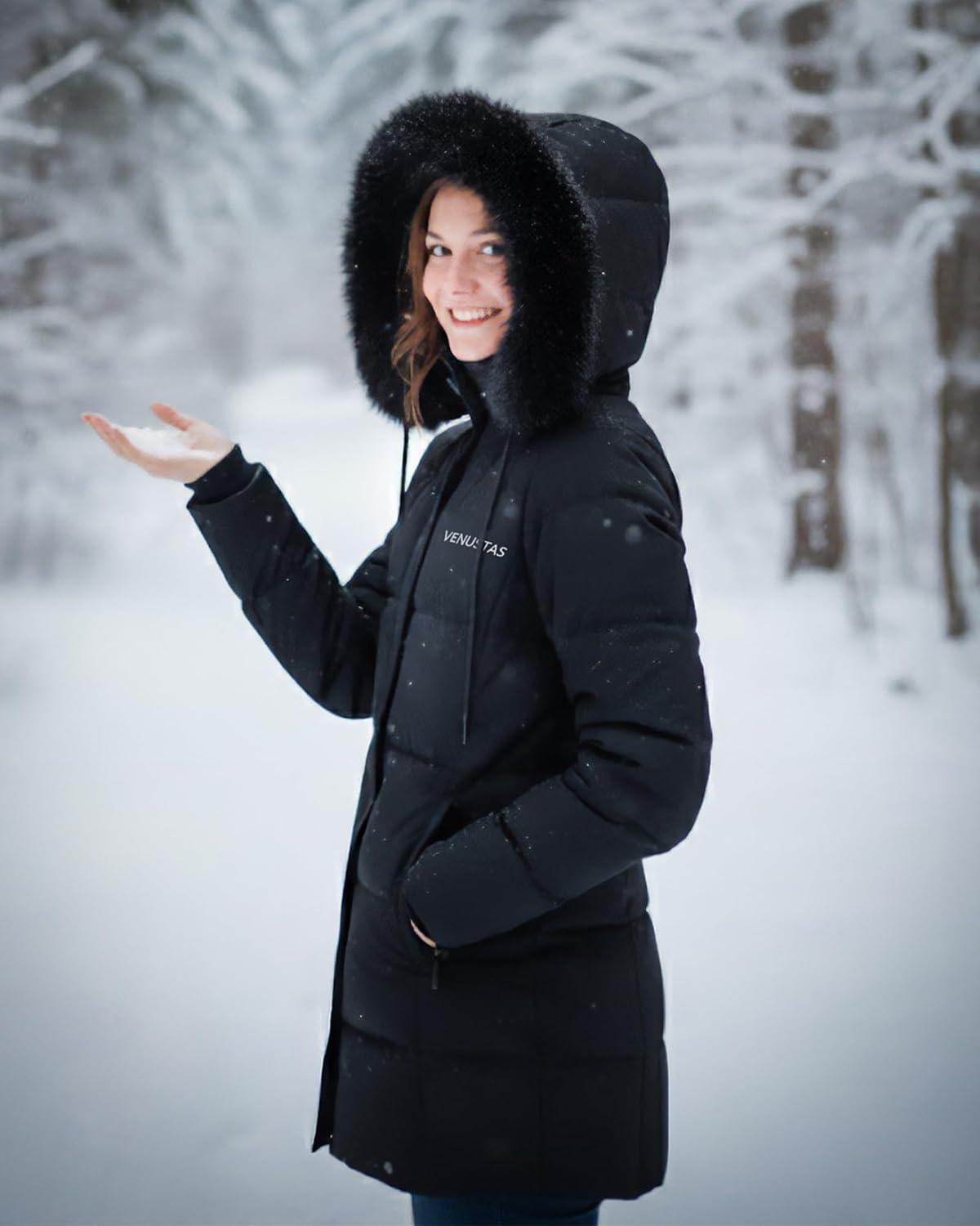 imageVenustas Womens Long Down Coat with Detachable Hood WaterRepellent Winter Puffer Parka JacketBlack