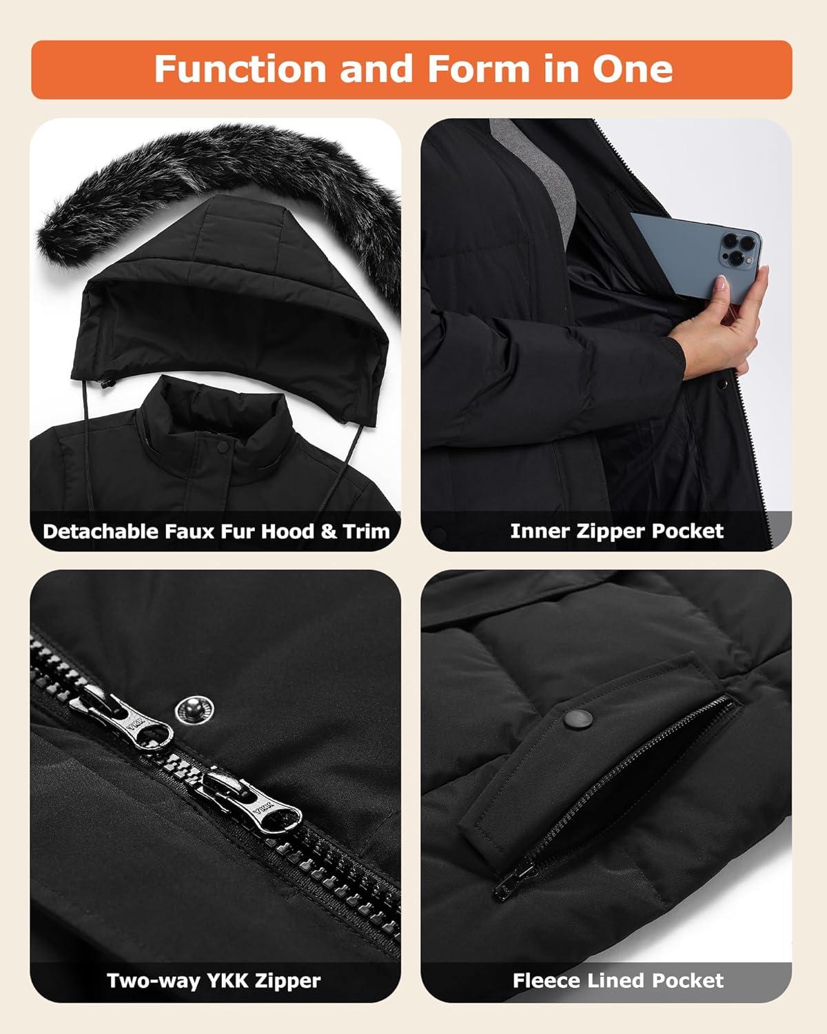 imageVenustas Womens Long Down Coat with Detachable Hood WaterRepellent Winter Puffer Parka JacketBlack