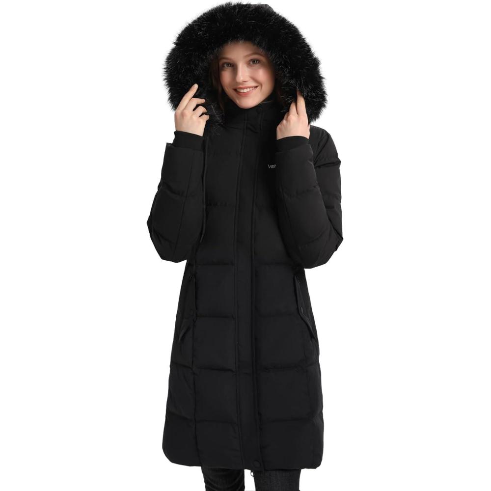imageVenustas Womens Long Down Coat with Detachable Hood WaterRepellent Winter Puffer Parka JacketBlack