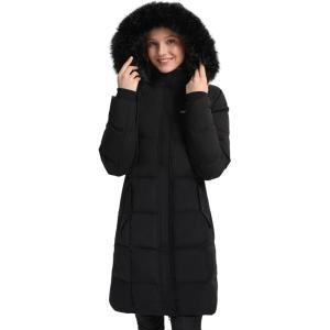 imageVenustas Womens Long Down Coat with Detachable Hood WaterRepellent Winter Puffer Parka JacketBlack