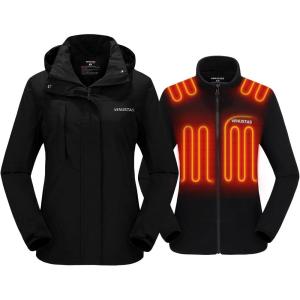 imageVenustas Womens 3in1 Heated Jacket with Battery Waterproof Skiing Jacket with HoodBlack