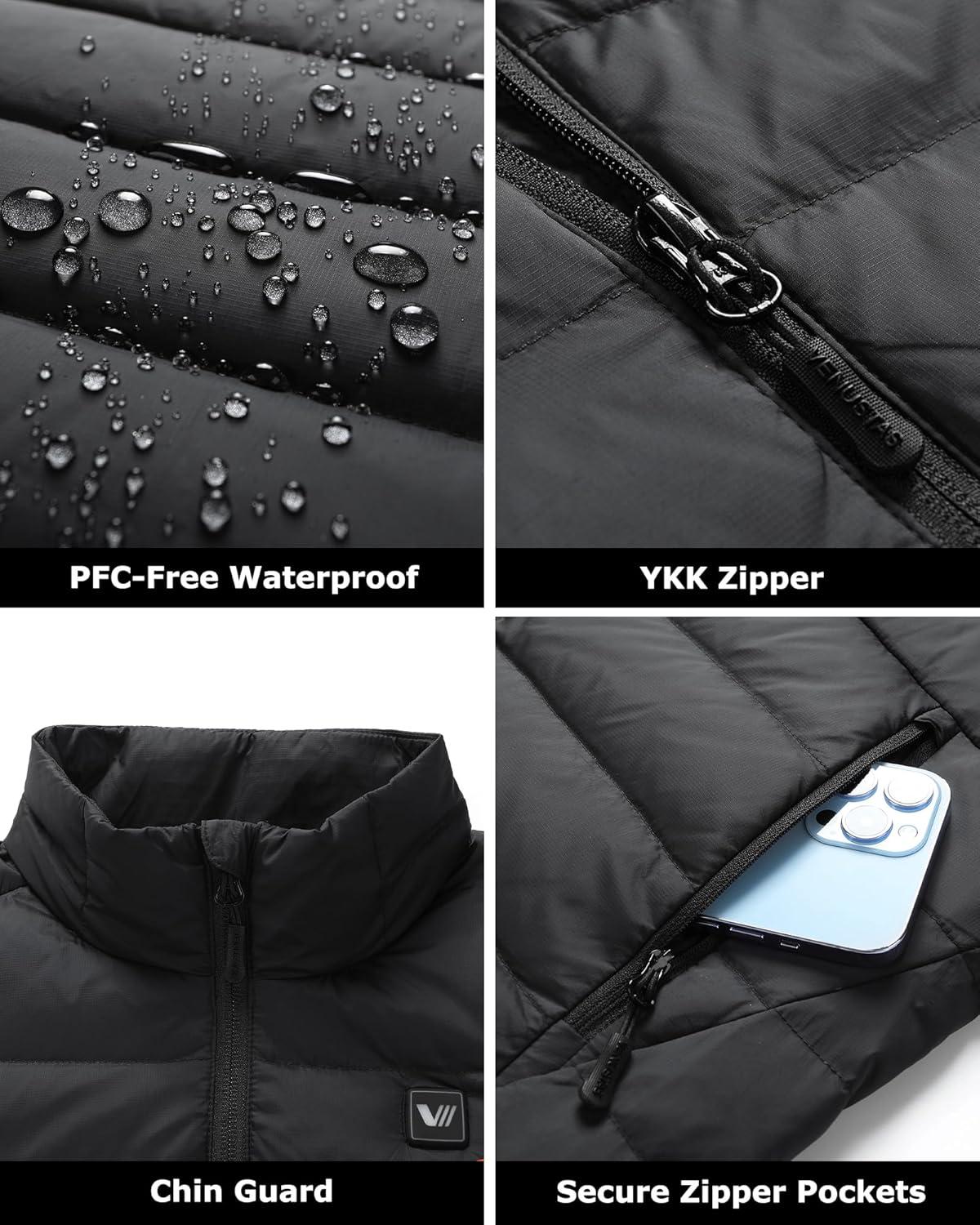 imageVenustas Womens Lightweight Heated Down Jacket with Battery Pack Recycled Electric Puffer Coat 90 Down Heated ClothingBlack