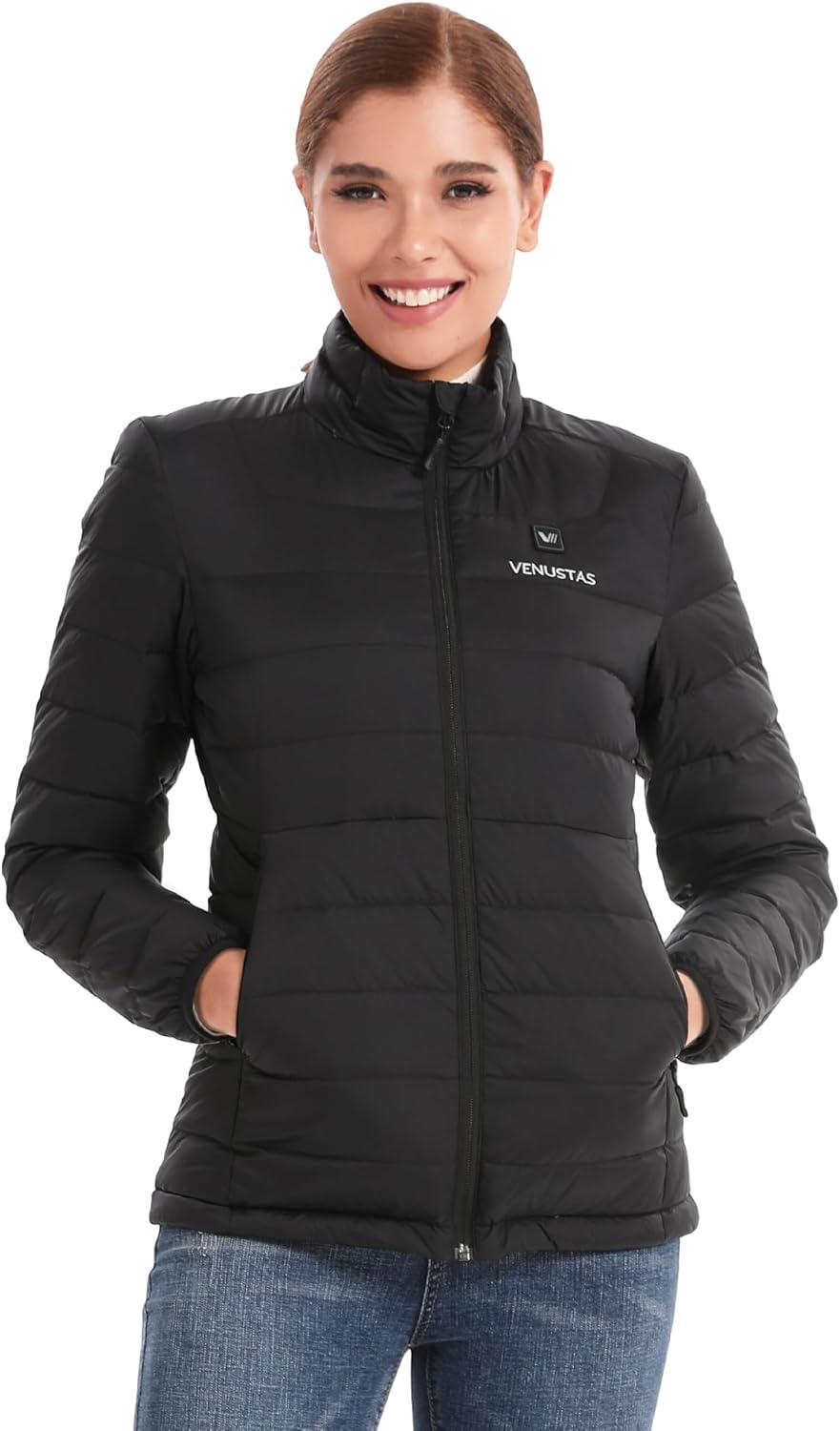 imageVenustas Womens Lightweight Heated Down Jacket with Battery Pack Recycled Electric Puffer Coat 90 Down Heated ClothingBlack