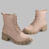 imagefirelli Women Combat Boots Lace Up Ankle Calf Chunky Heel BootiesBeige