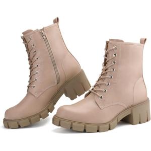 imagefirelli Women Combat Boots Lace Up Ankle Calf Chunky Heel BootiesBeige