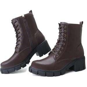imagefirelli Women Combat Boots Lace Up Ankle Calf Chunky Heel BootiesBrown