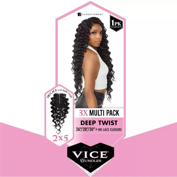 Sensationnel Vice Bundles Multi weaving - Vice Deep Twist synthetic virgin hair dupe with 2x5 Lace Closure - Vice Bundle Multi Deep Twist 
