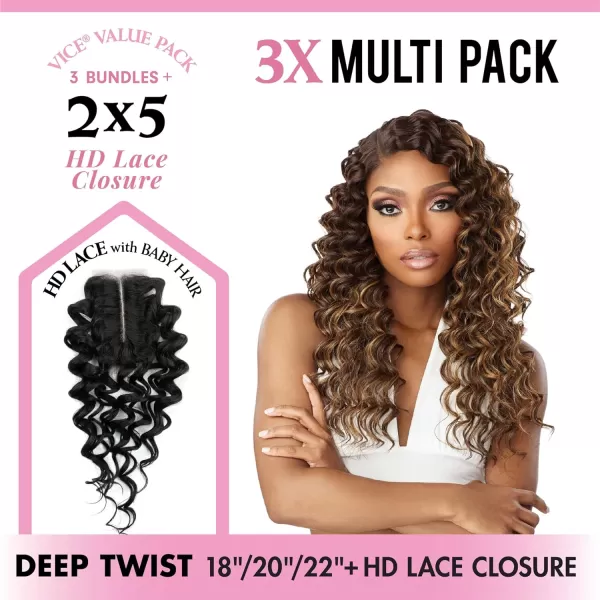 Sensationnel Vice Bundles Multi weaving - Vice Deep Twist synthetic virgin hair dupe with 2x5 Lace Closure - Vice Bundle Multi Deep Twist 