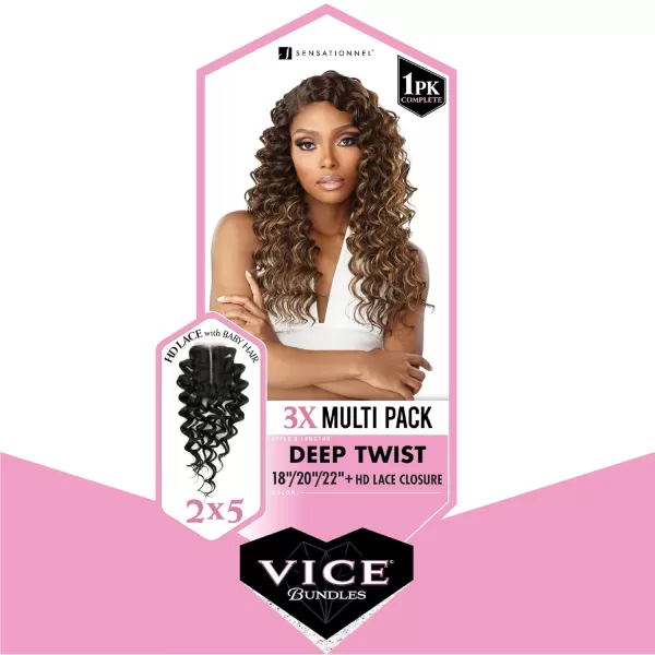 Sensationnel Vice Bundles Multi weaving - Vice Deep Twist synthetic virgin hair dupe with 2x5 Lace Closure - Vice Bundle Multi Deep Twist 
