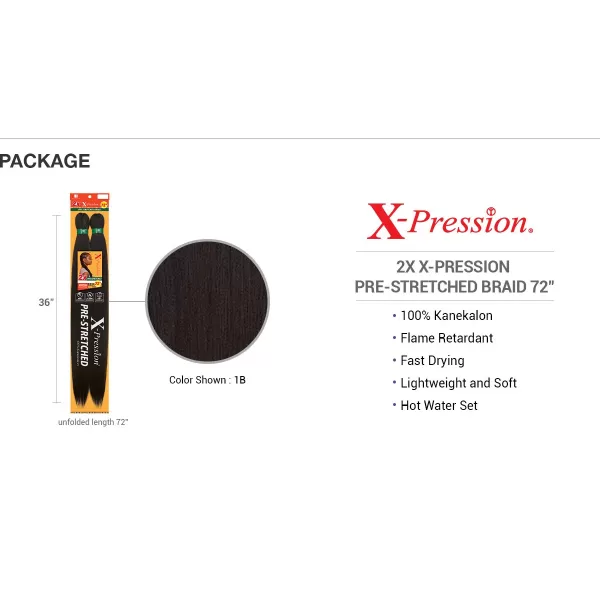Sensationnel X-pression prestretched braiding hair - 2x xpression 72 inch all kanekalon flame retardant synthetic braid in hair extensions - 2X 72 Inch 