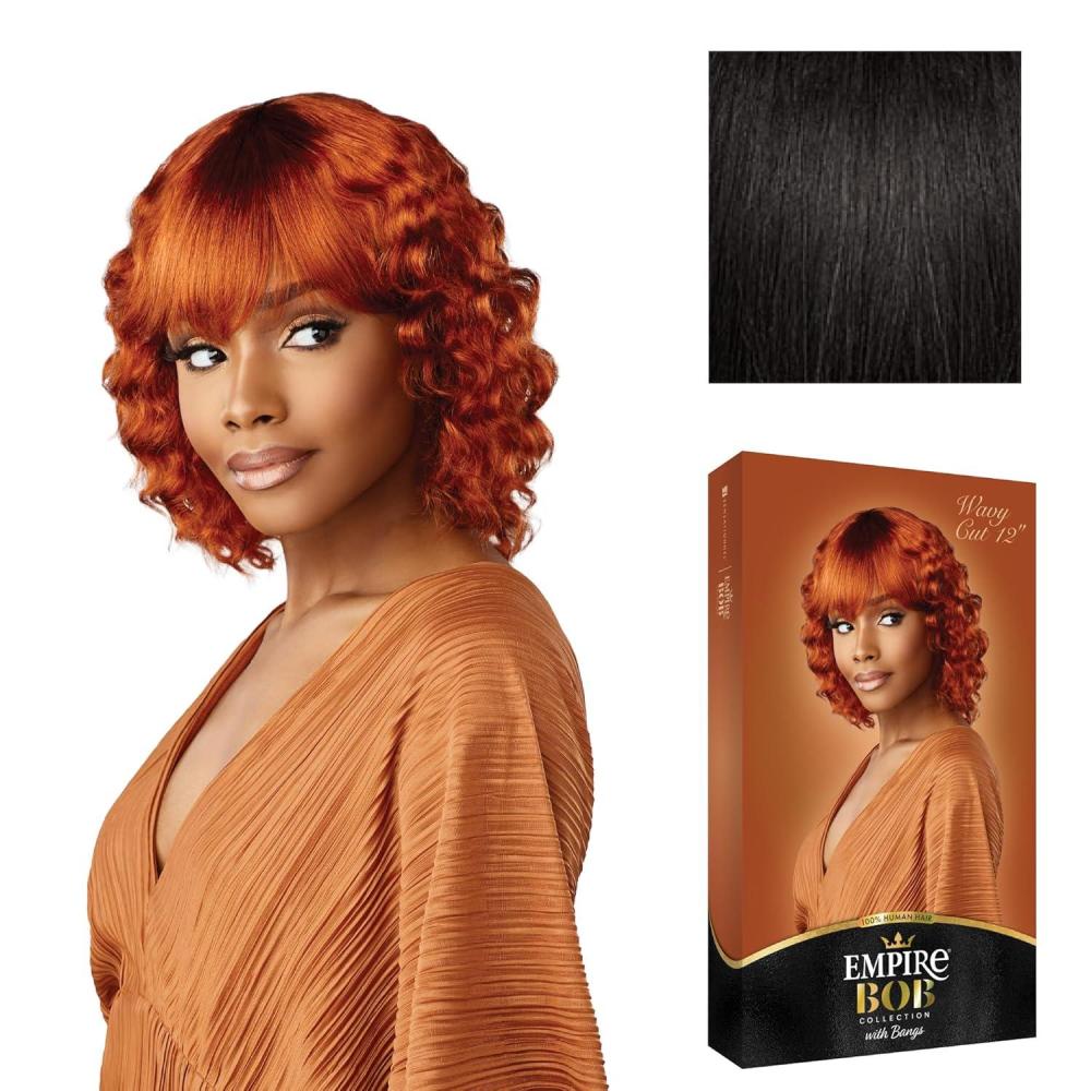 imageSensationnel Empire bob humanhair wig  wavy cut 12 inch face framing mesh cap for comfort with bangs 1 JETBLACK1B OFFBLACK