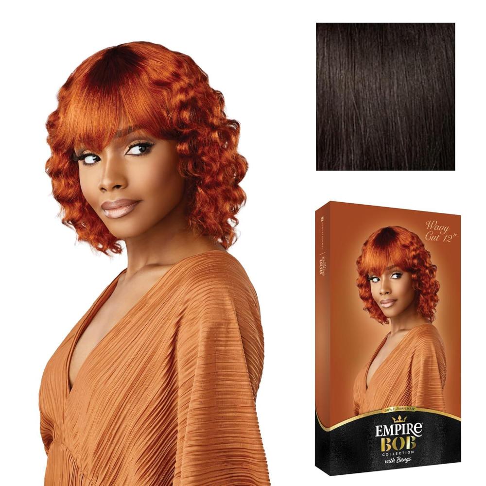 imageSensationnel Empire bob humanhair wig  wavy cut 12 inch face framing mesh cap for comfort with bangs 1 JETBLACK2 DARKBROWN