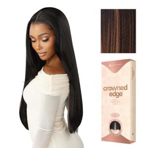 image:imageSensationnel Crowned Edge Widows Peak Lacewig  Straight 28 Inch Glueless 13x5 HD Lace Frontal Synthetic Wig with Preplucked Preshaped Hairline 1 JETBLACKBALAYAGECHOCOLATE