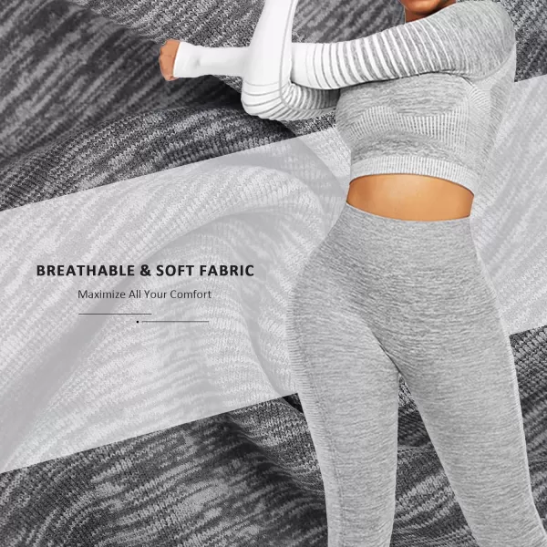 2 Piece Workout Sets for Women Long Sleeve Short Sleeve Yoga Outfits Seamless Ribbed Crop Top High Waist Legging
