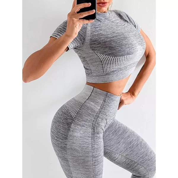 2 Piece Workout Sets for Women Long Sleeve Short Sleeve Yoga Outfits Seamless Ribbed Crop Top High Waist Legging