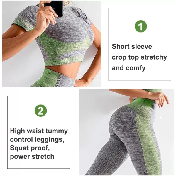 2 Piece Workout Sets for Women Long Sleeve Short Sleeve Yoga Outfits Seamless Ribbed Crop Top High Waist Legging