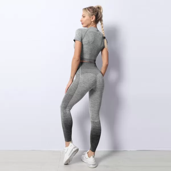 2 Piece Workout Sets for Women Long Sleeve Short Sleeve Yoga Outfits Seamless Ribbed Crop Top High Waist Legging